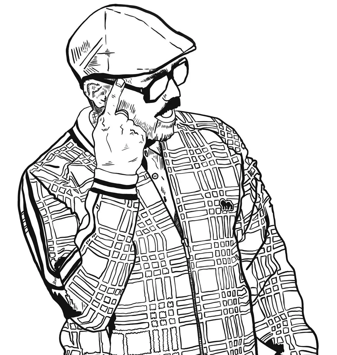Ink drawing of Coach from The Gentlemen in a flat cap and glasses, one hand raised to his face, wearing a plaid track jacket.