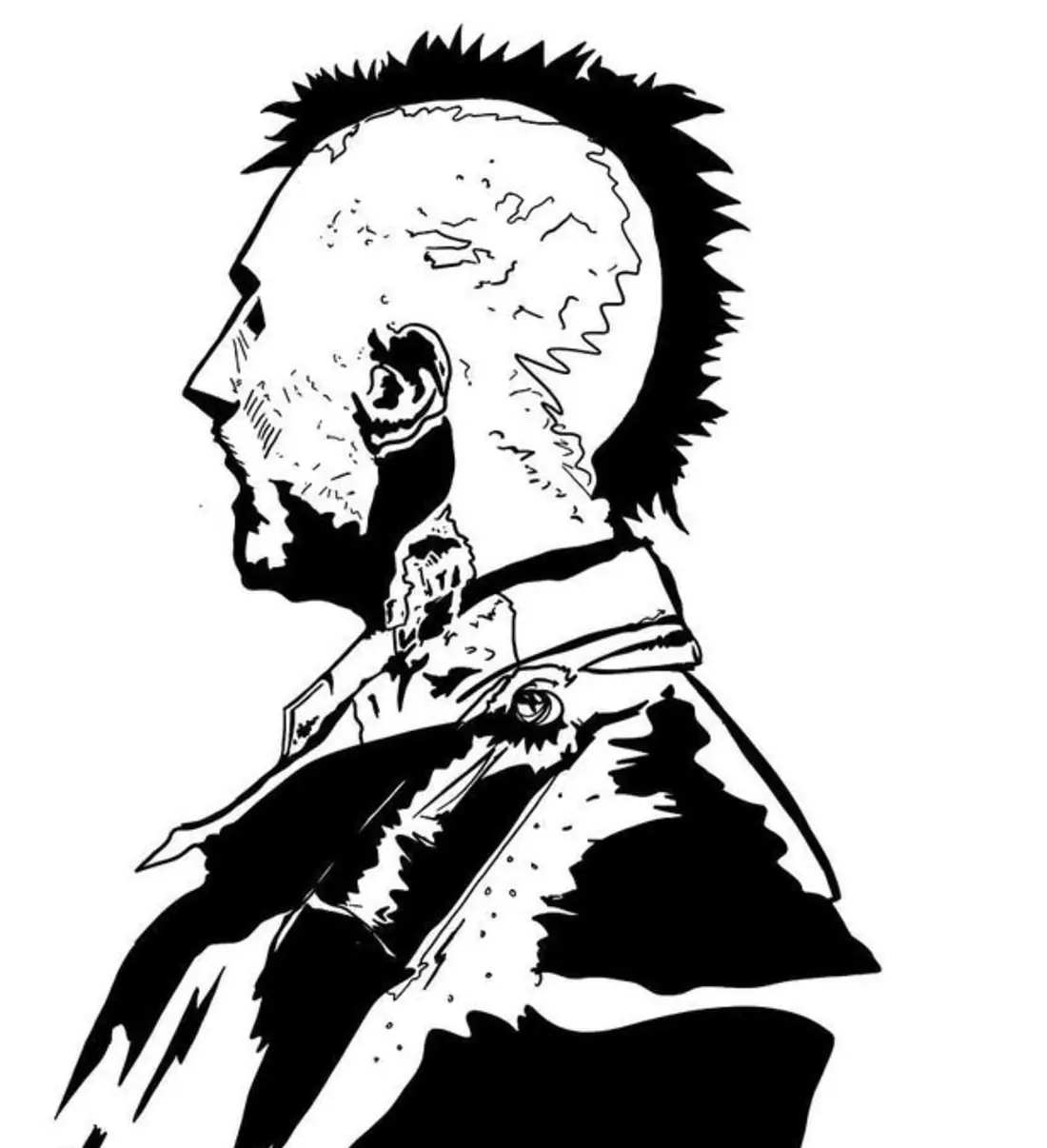 Ink drawing of Travis Bickle from Taxi Driver in profile, with a mohawk and an army jacket, in solid black on white.