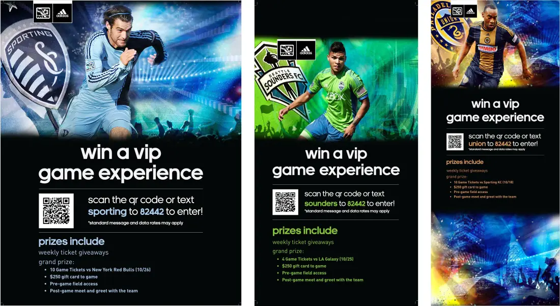 Three MLS posters for stores, side by side, for Sporting Kansas City, Seattle Sounders FC and the Philadelphia Union. Each shows a player above the line Win a VIP game experience, a QR code, a keyword to text to 82442, and the prizes: weekly ticket giveaways and a grand prize of game tickets, a gift card, pre-game field access and a post-game meet and greet.