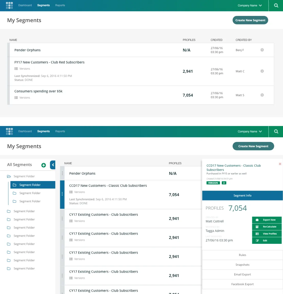 Two versions of the My Segments page. The first is a single list of three segments with profile counts and who created them. The final one adds a sidebar of segment folders on the left and a Segment Info panel on the right with the profile count, export and edit buttons, and collapsible sections for rules, snapshots and exports.