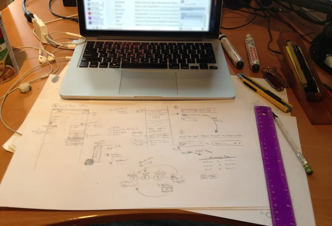 Pencil sketches of interface layouts and a flow diagram on sheets of paper, on a desk in front of a laptop, with a purple ruler, markers and pencils.