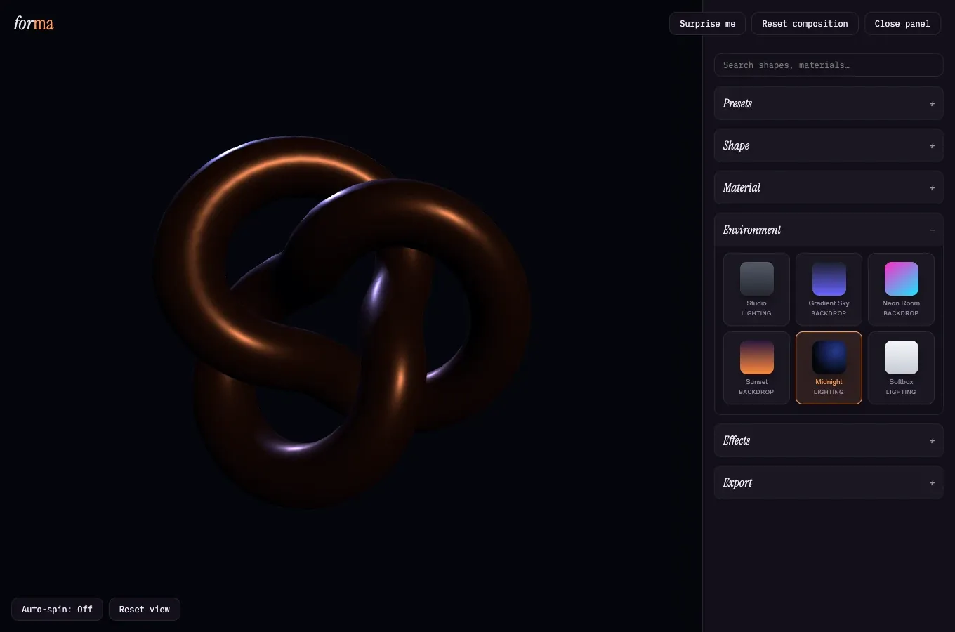 Forma editor with a copper torus knot against a dark backdrop and the complete environment picker open, with Midnight selected.