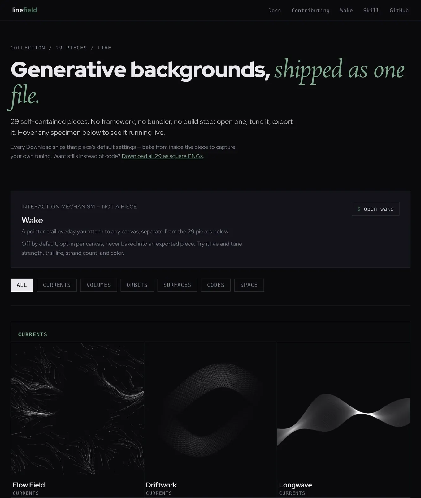 The top of the linefield gallery: the headline Generative backgrounds, shipped as one file, a short intro, the Wake overlay panel, six collection filters, and the first row of the Currents collection, three monochrome hairline pieces on near-black.