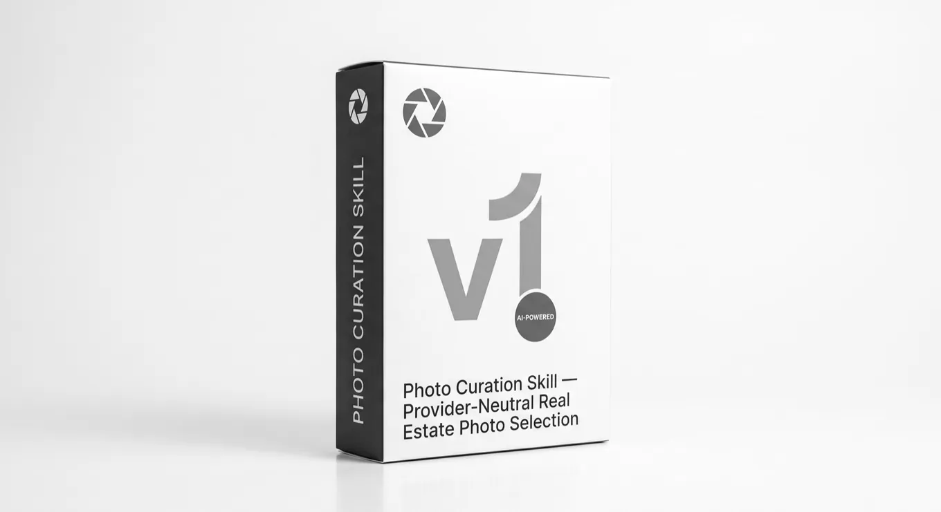 Product box for the Photo Curation Skill v1: a white box with a black spine, a green aperture logo, a large orange v1 with an AI-powered badge, and the line Photo Curation Skill, Provider-Neutral Real Estate Photo Selection.