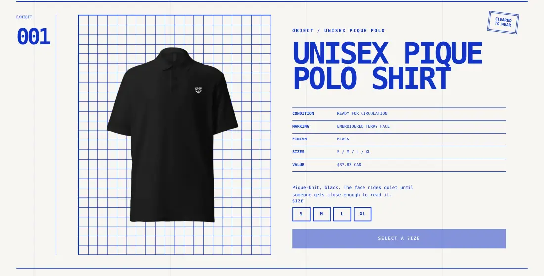 Exhibit 001 in Store A: a black pique polo on a blue grid, beside a spec table that reads Condition, ready for circulation; Marking, embroidered Terry face; Finish, black; Sizes, S to XL; Value, $37.83 CAD. A Cleared to wear stamp sits in the corner, above a size picker.