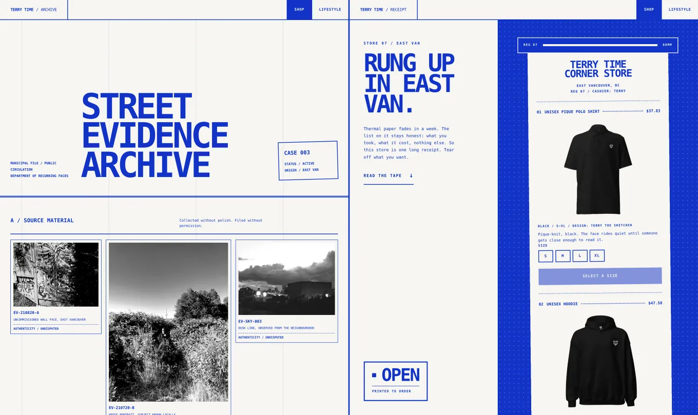 The two Terry Time storefronts side by side, cobalt blue on warm paper. Left, Store A, the Street Evidence Archive: a three-line headline, a tilted Case 003 stamp and black-and-white street photos filed as evidence. Right, Store B, the Corner Store Receipt: the headline Rung up in East Van beside a long paper receipt that lists a black polo and a black hoodie with dot leaders and prices.