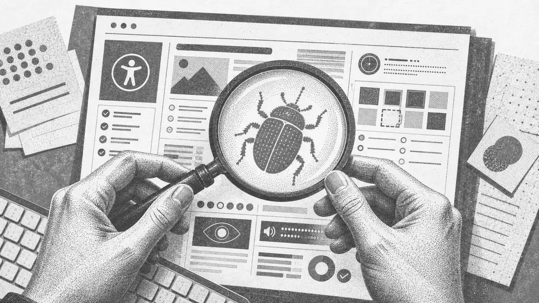 Illustration: two hands hold a magnifying glass over a bug on a web page covered in accessibility checks.